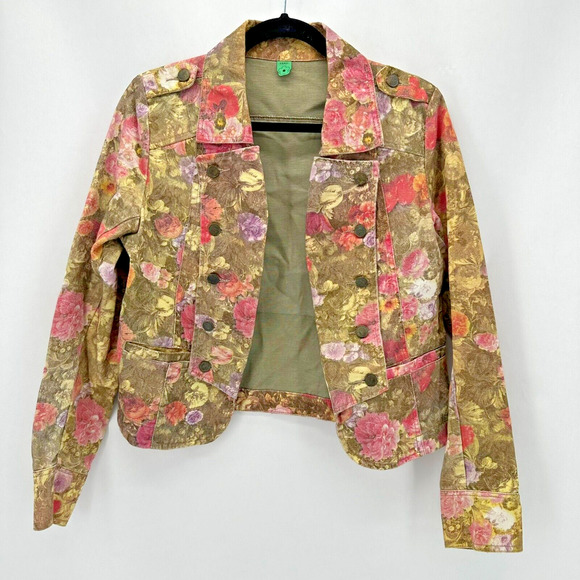 Farm Rio Floral Denim Jacket Military Button Size M Open Green Pink‎ Boho Preppy - Picture 1 of 8